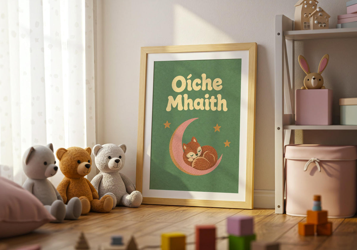 Oíche Mhaith Fox on Moon Irish print – wall mockup 3