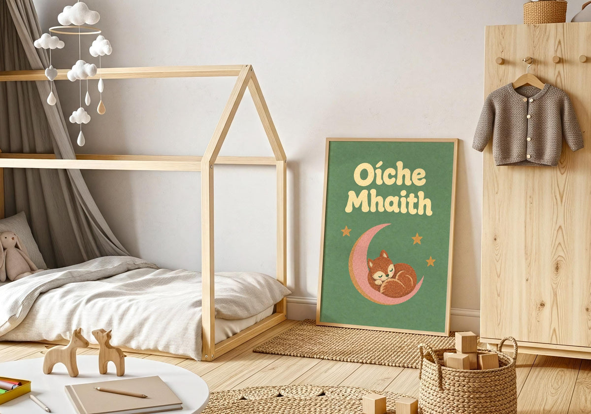 Oíche Mhaith Fox on Moon Irish print – wall mockup 4