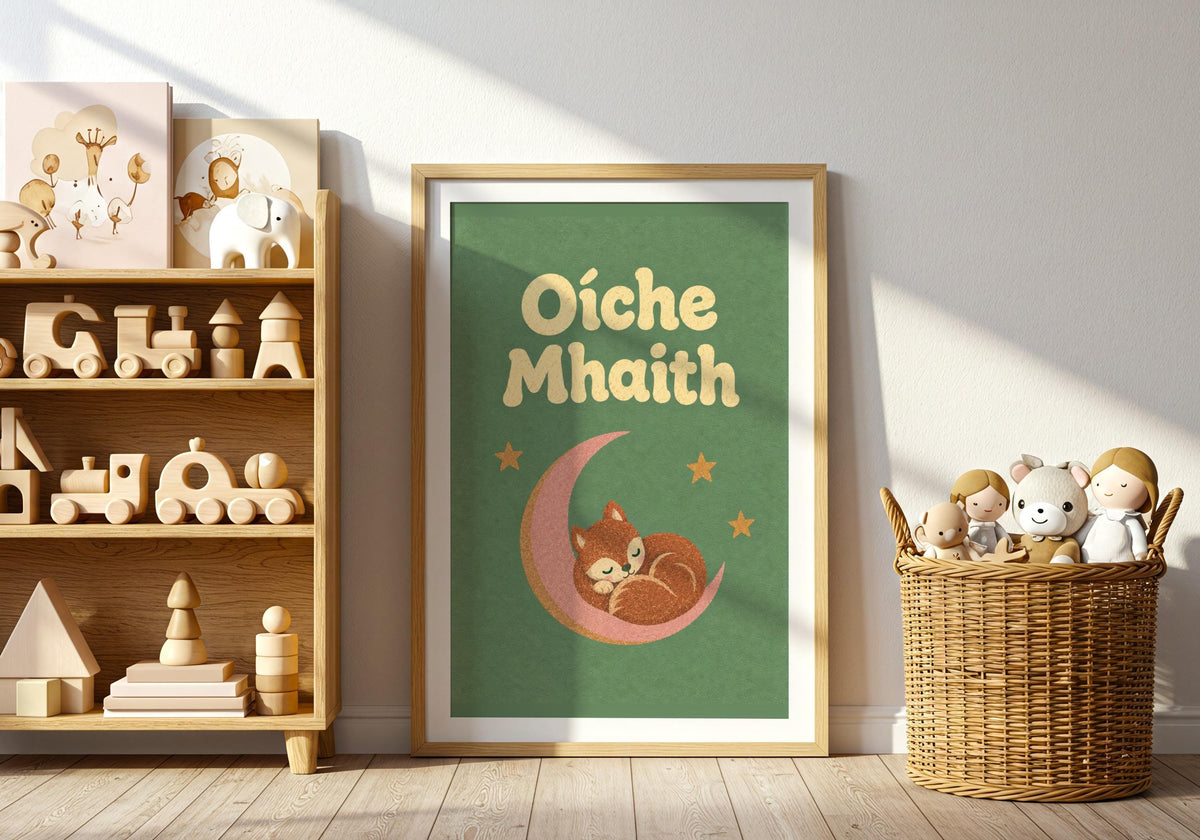 Oíche Mhaith Fox on Moon Irish print – wall mockup 5