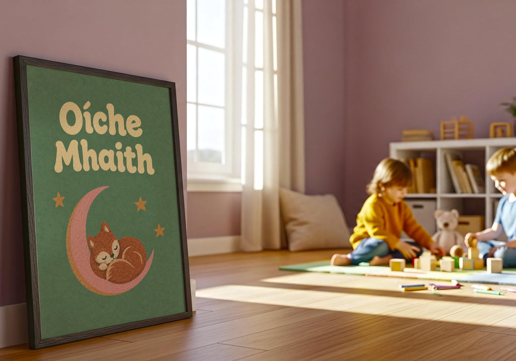 Oíche Mhaith Fox on Moon Irish print – wall mockup 6