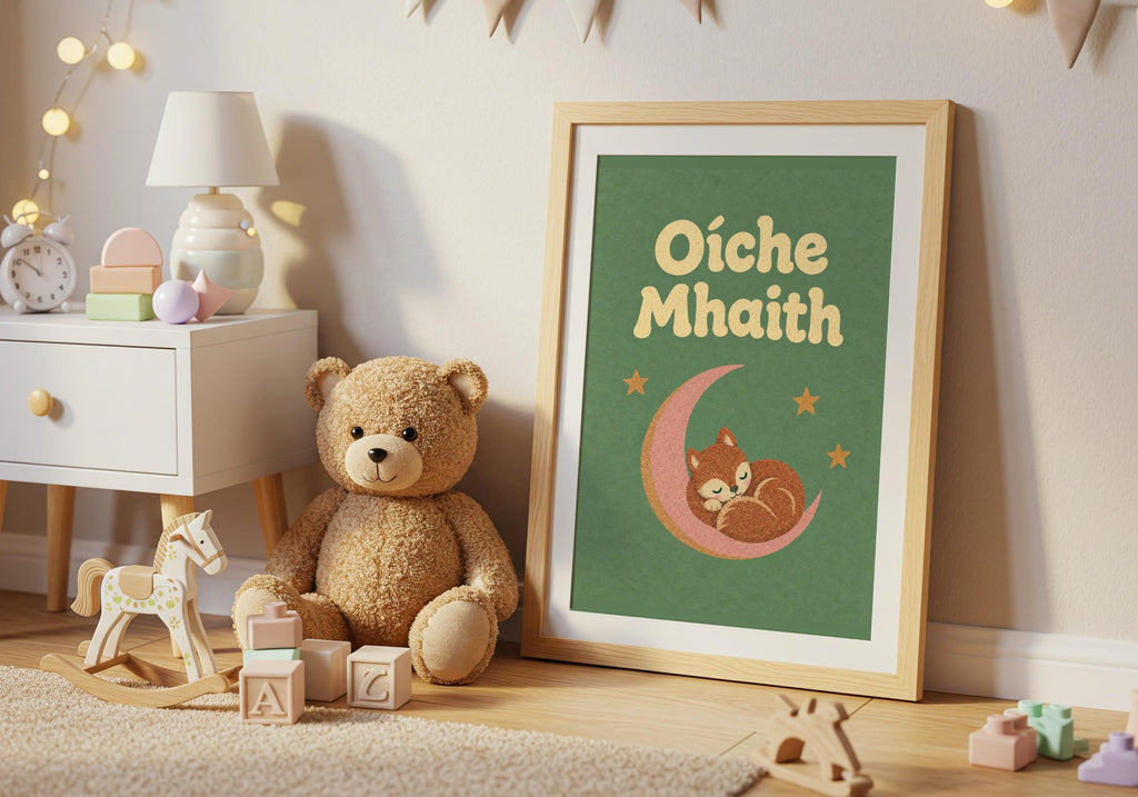 Oíche Mhaith Fox on Moon Irish print – wall mockup 7