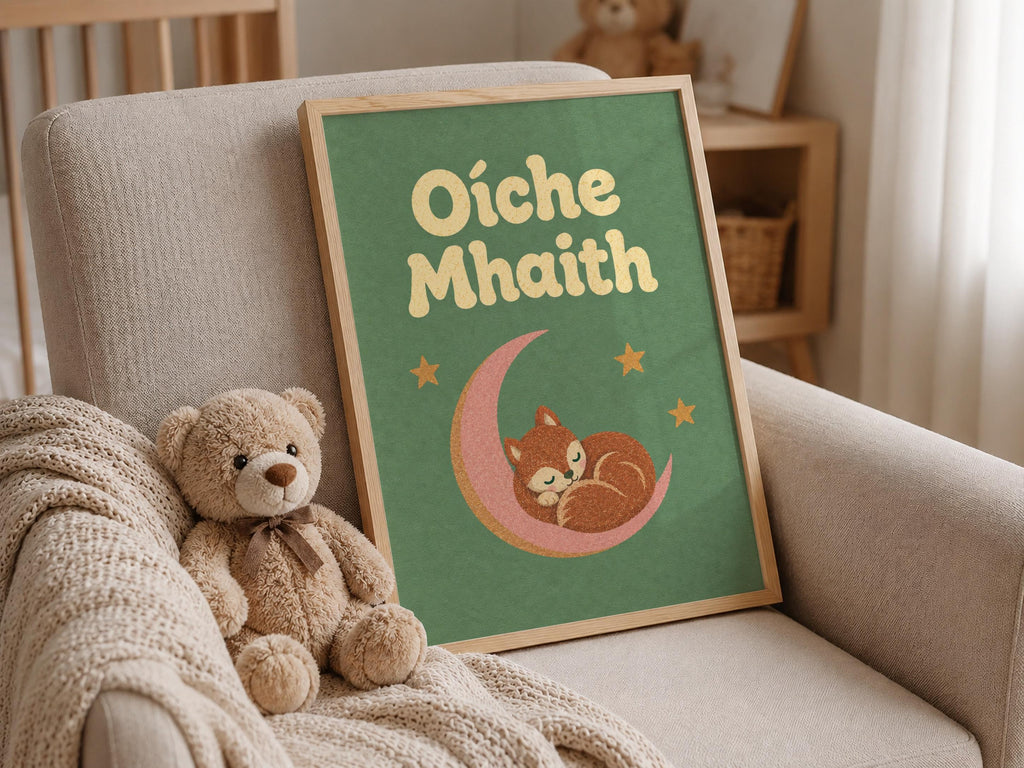 Oíche Mhaith Fox on Moon Irish print – wall mockup 2