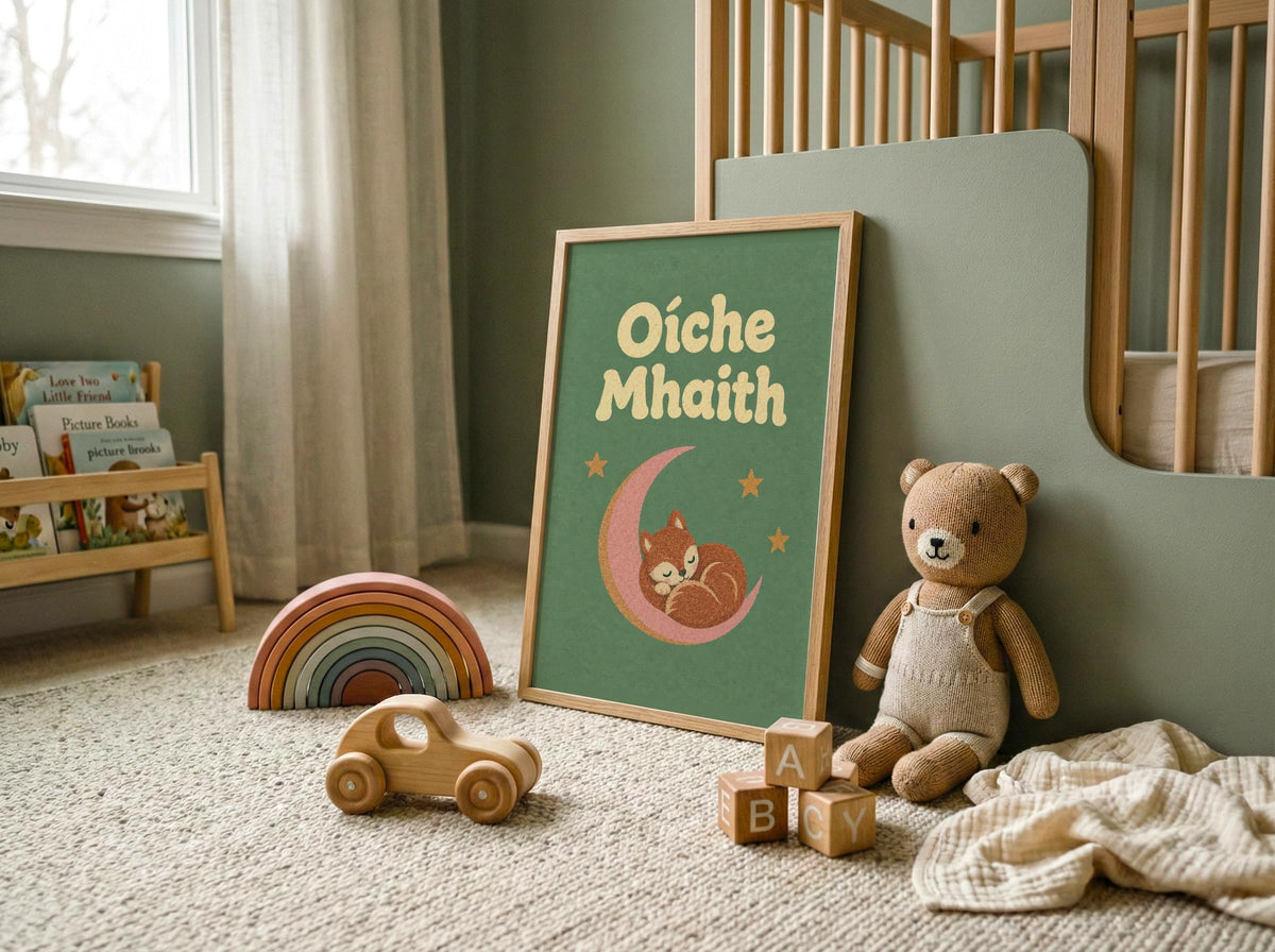 Oíche Mhaith Fox on Moon Irish print – wall mockup 8