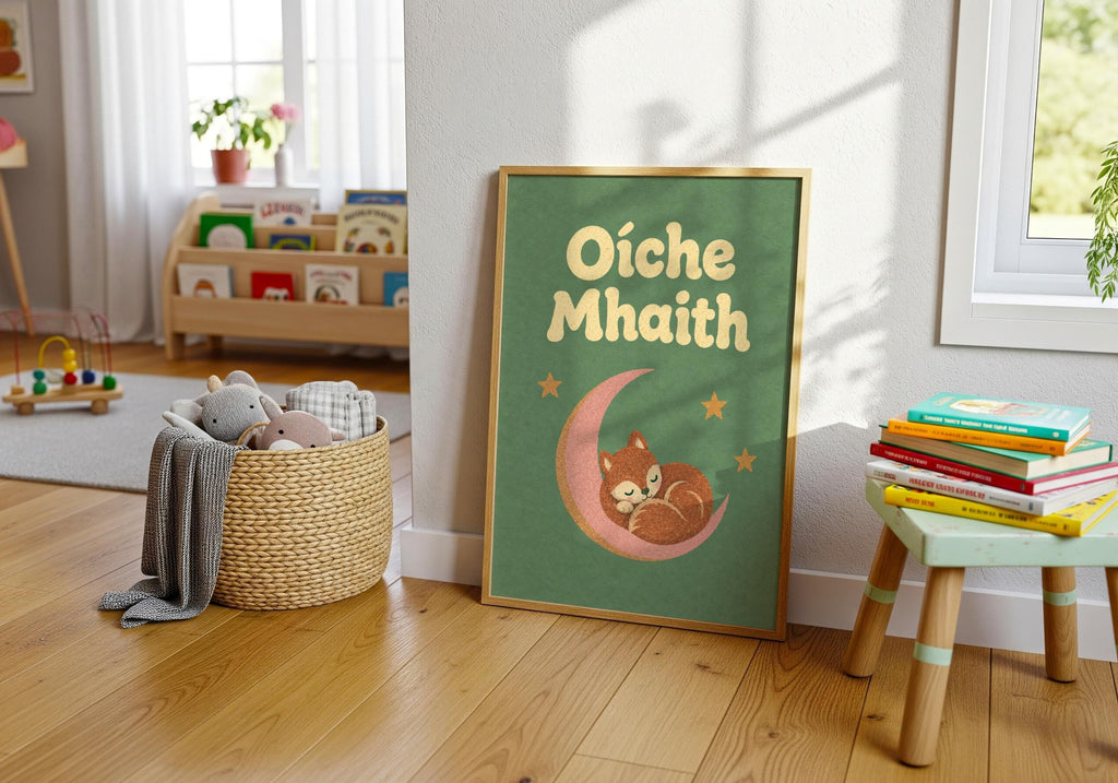 Oíche Mhaith Fox on Moon Irish print – wall mockup 9
