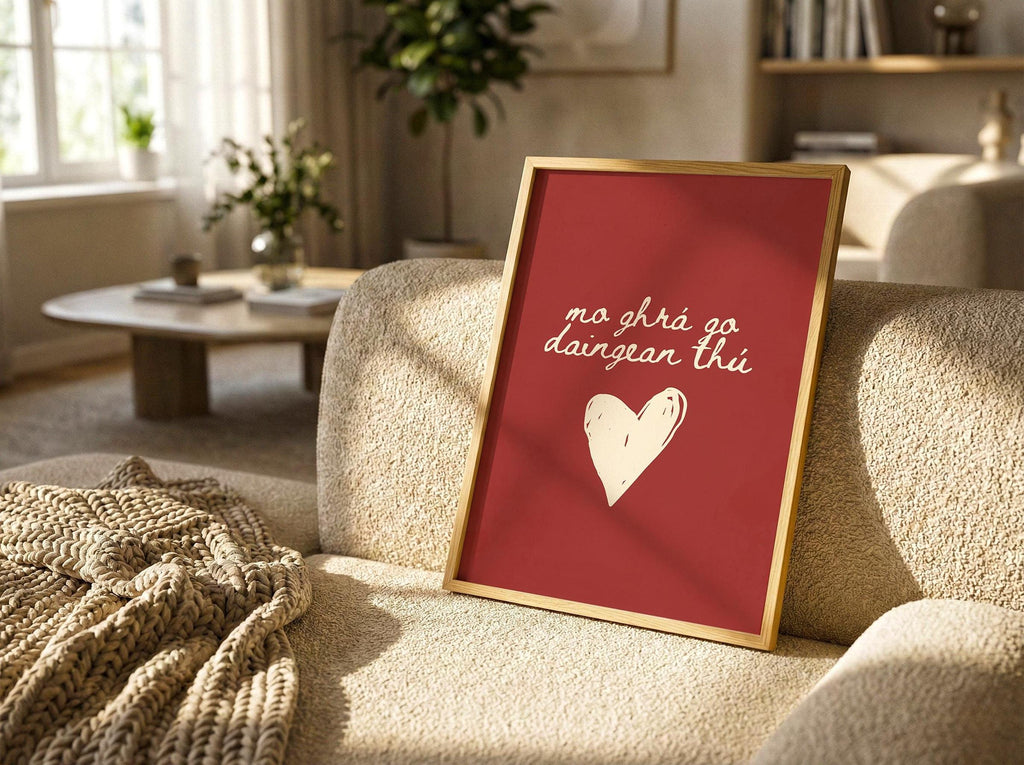 Gaelic love saying burgundy Irish print – wall mockup 1