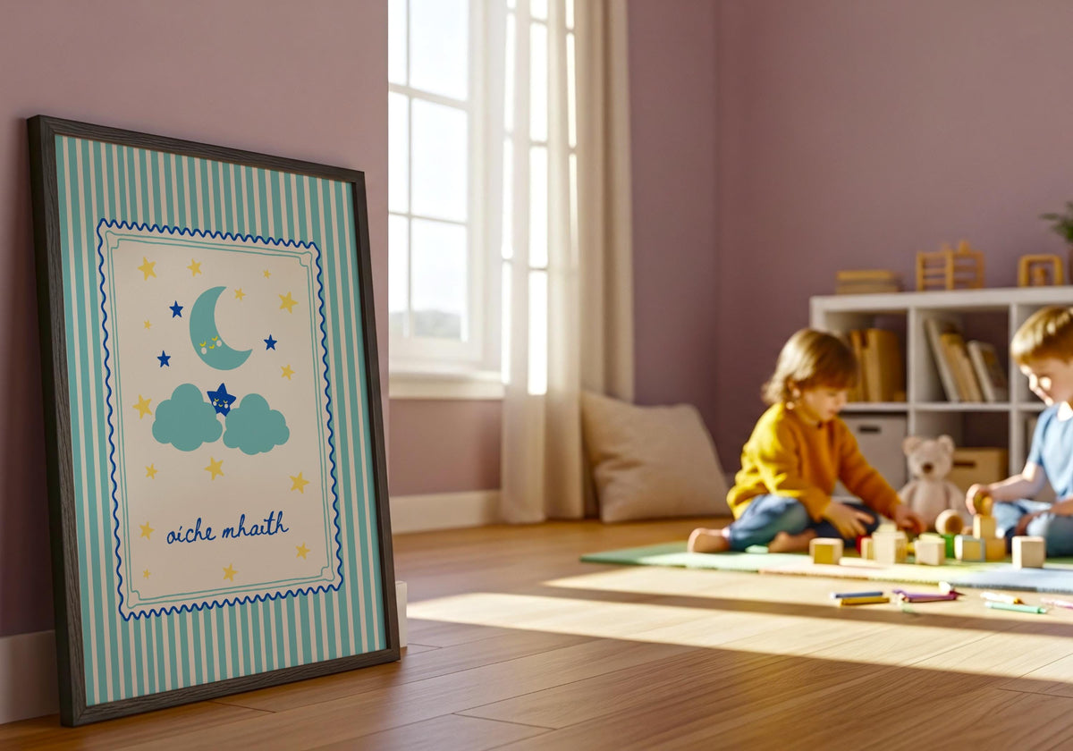 Oíche Mhaith Moon Cloud Irish print – wall mockup 2