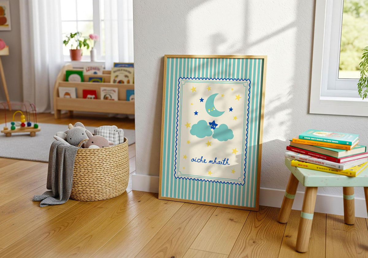 Oíche Mhaith Moon Cloud Irish print – wall mockup 4
