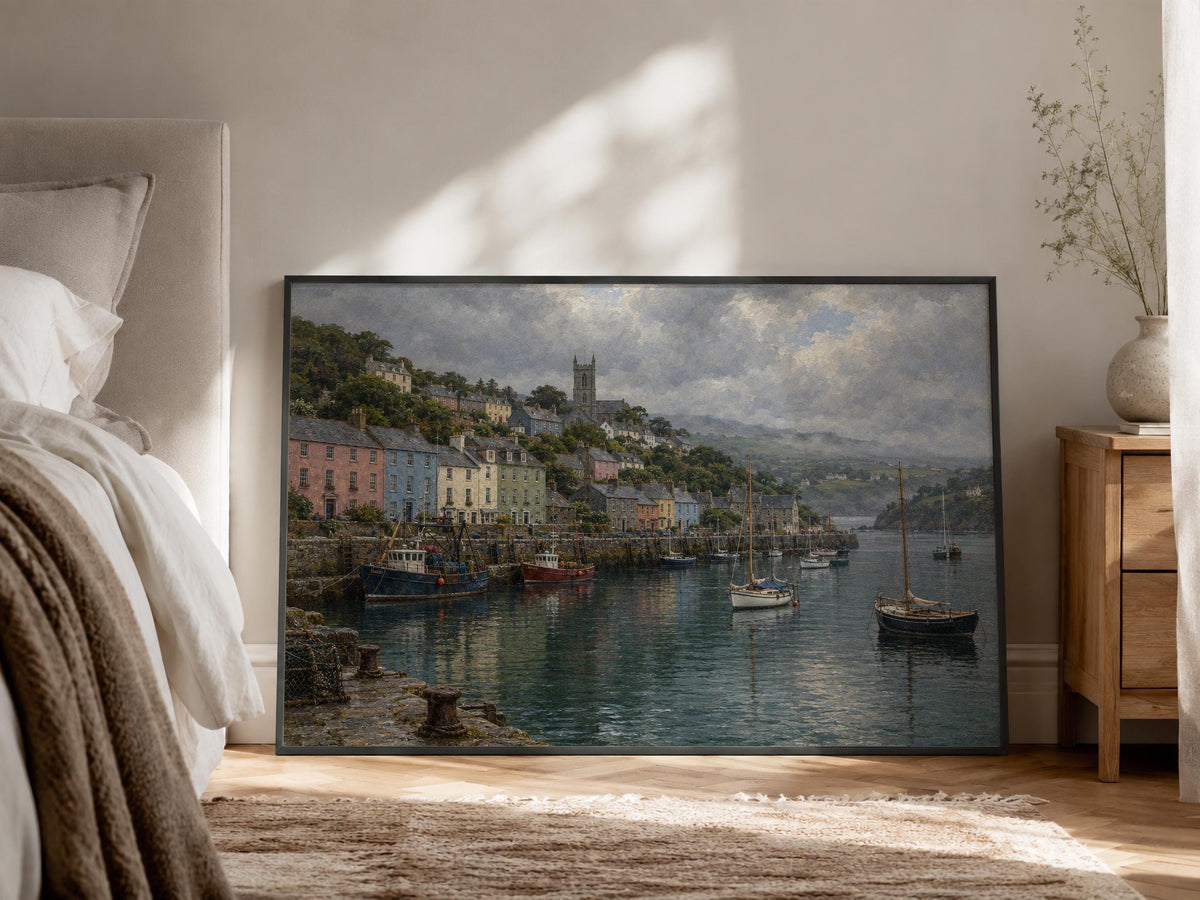 Kinsale Harbour vintage Irish oil painting print – wall mockup 2
