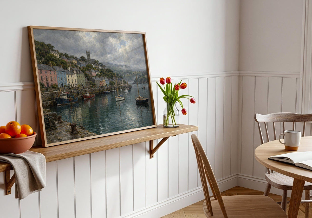 Kinsale Harbour vintage Irish oil painting print – wall mockup 3