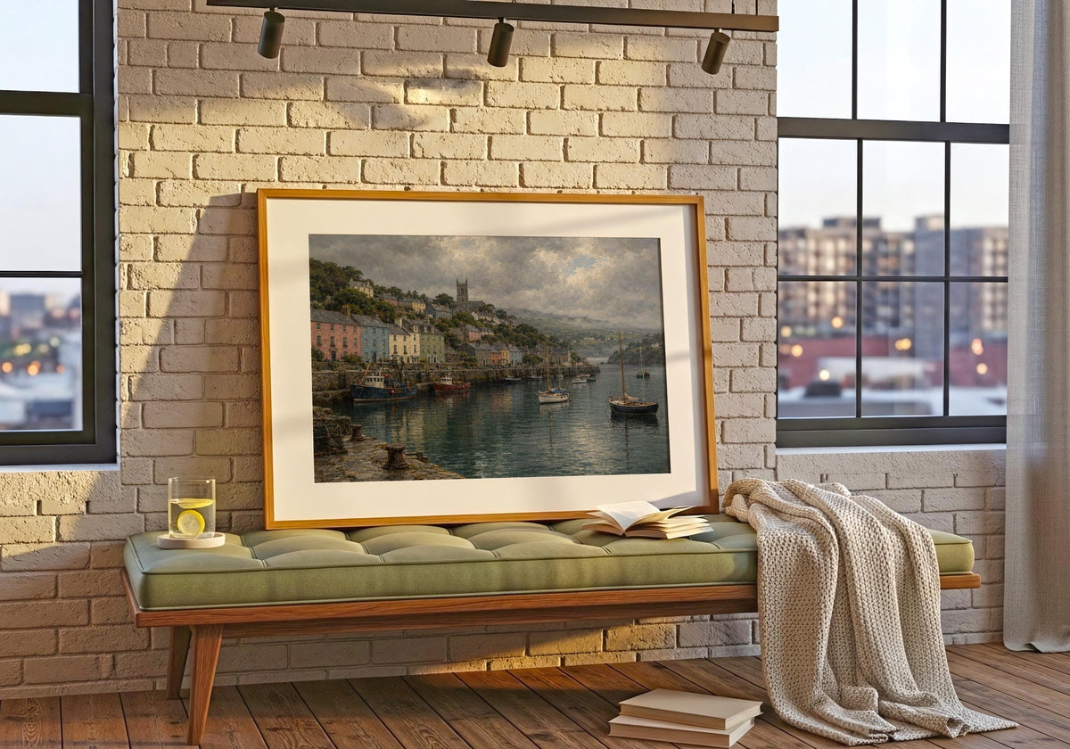Kinsale Harbour vintage Irish oil painting print – wall mockup 4