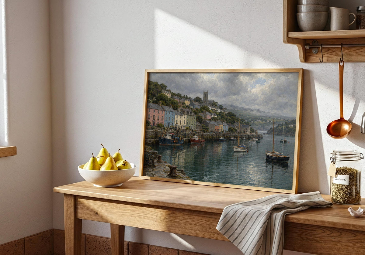 Kinsale Harbour vintage Irish oil painting print – wall mockup 5