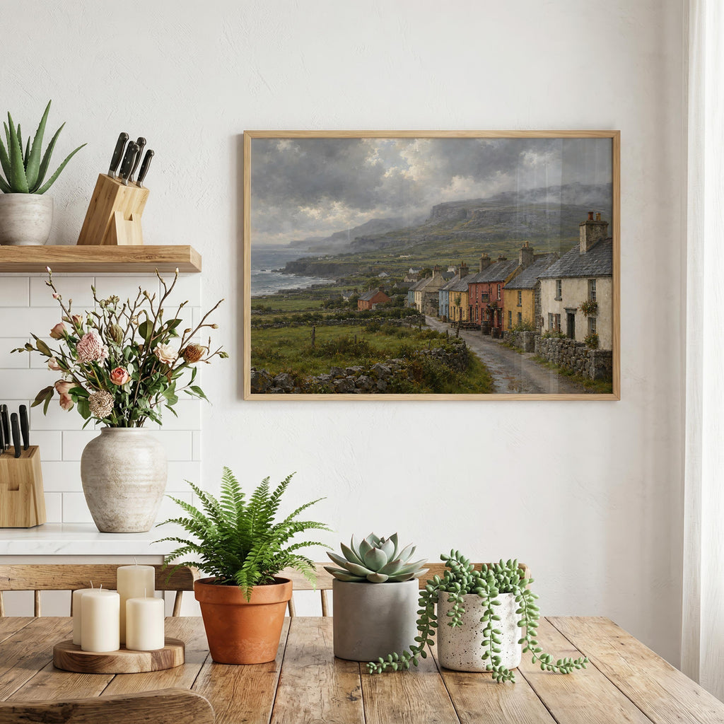 Doolin village vintage Irish oil painting print – wall mockup 1