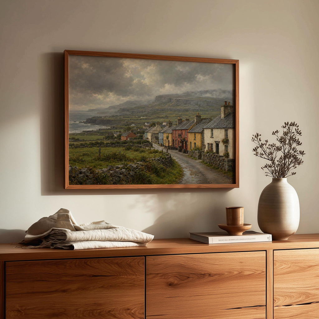 Doolin village vintage Irish oil painting print – wall mockup 2