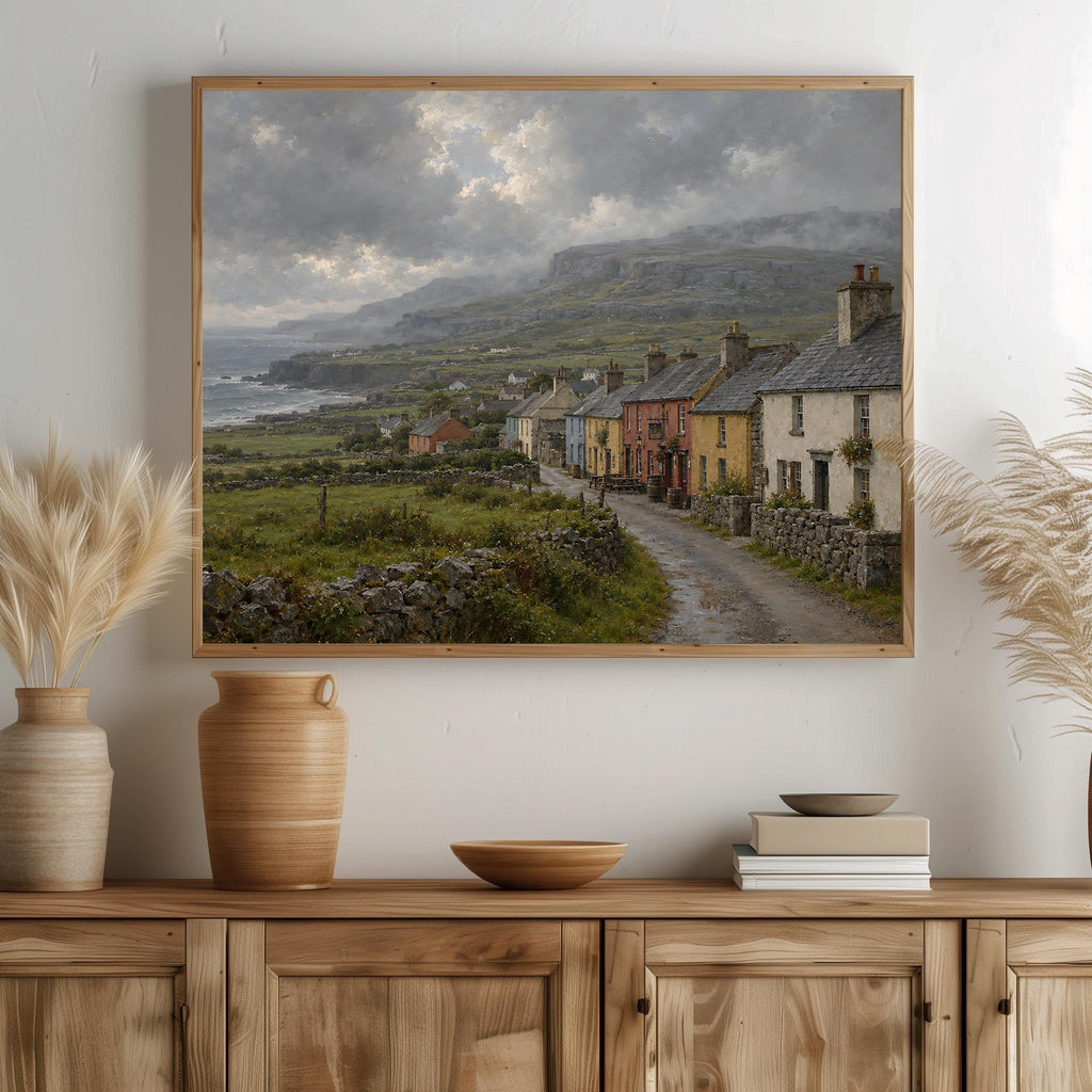 Doolin village vintage Irish oil painting print – wall mockup 3