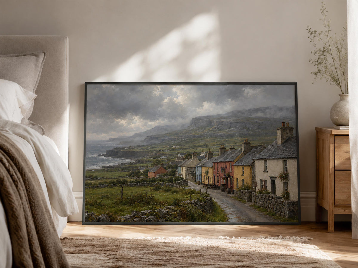 Doolin village vintage Irish oil painting print – wall mockup 9