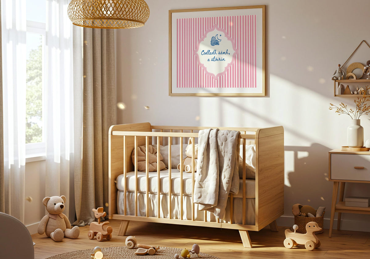 Codladh Sámh a Stóirín Pink Stripe Irish print – wall mockup 1