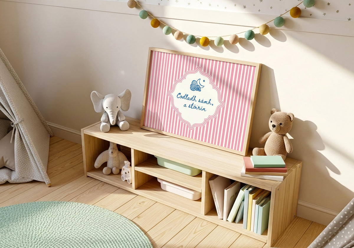 Codladh Sámh a Stóirín Pink Stripe Irish print – wall mockup 3