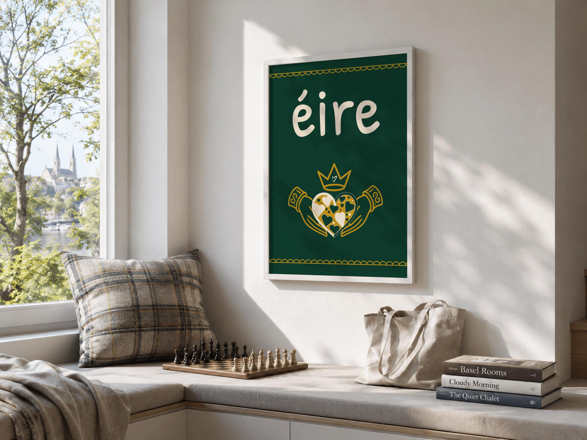Éire Folk Art Claddagh Irish print – room mockup 3
