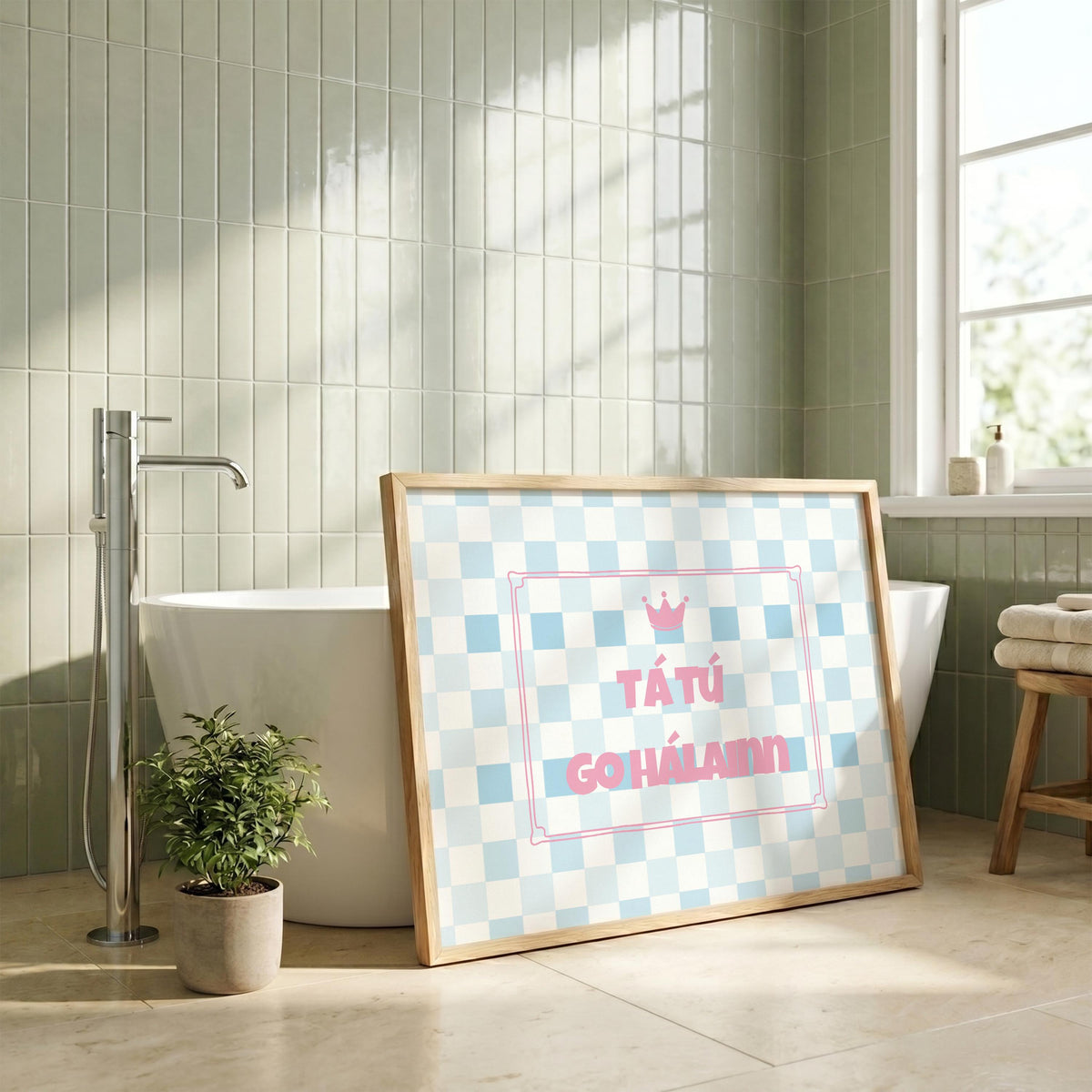 Tá tú go hálainn blue checkerboard Irish print – wall mockup 1