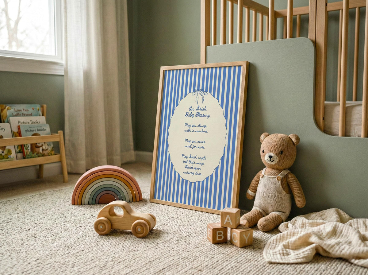 Irish baby blessing blue stripe Irish print – wall mockup 1