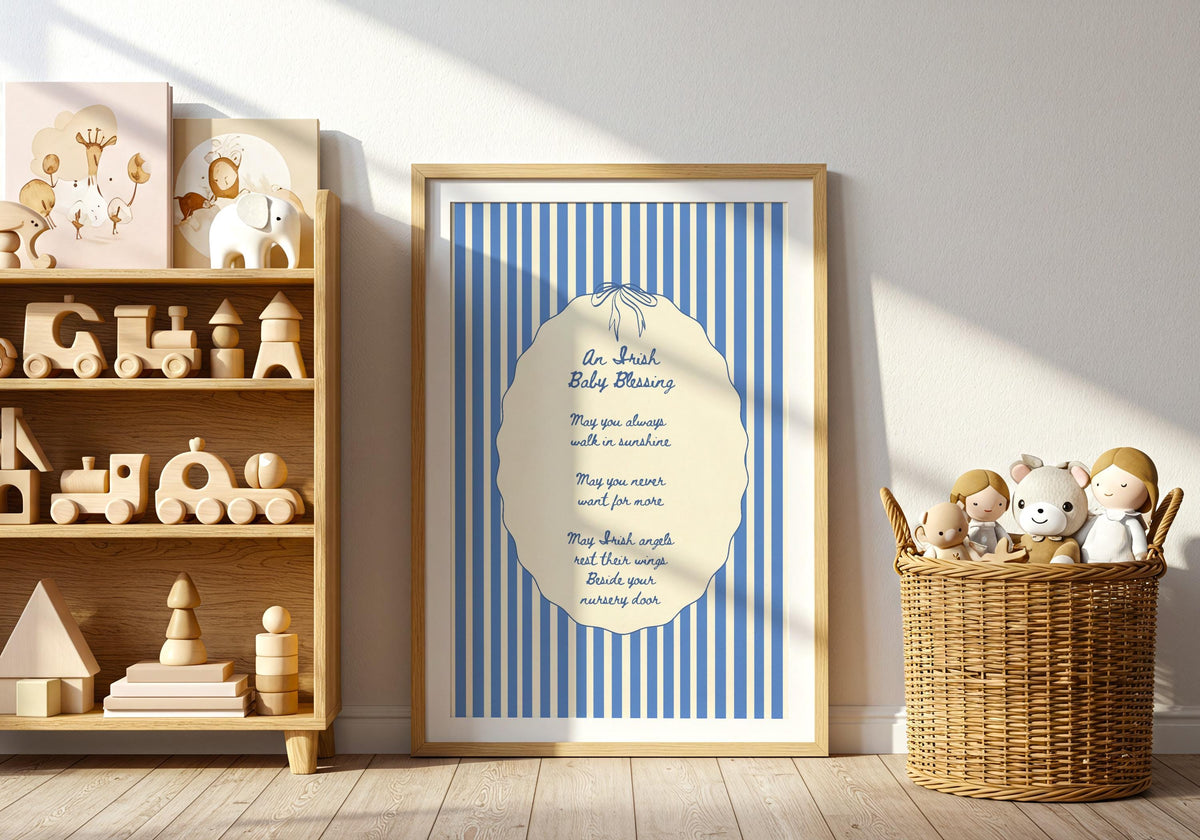 Irish baby blessing blue stripe Irish print – wall mockup 3