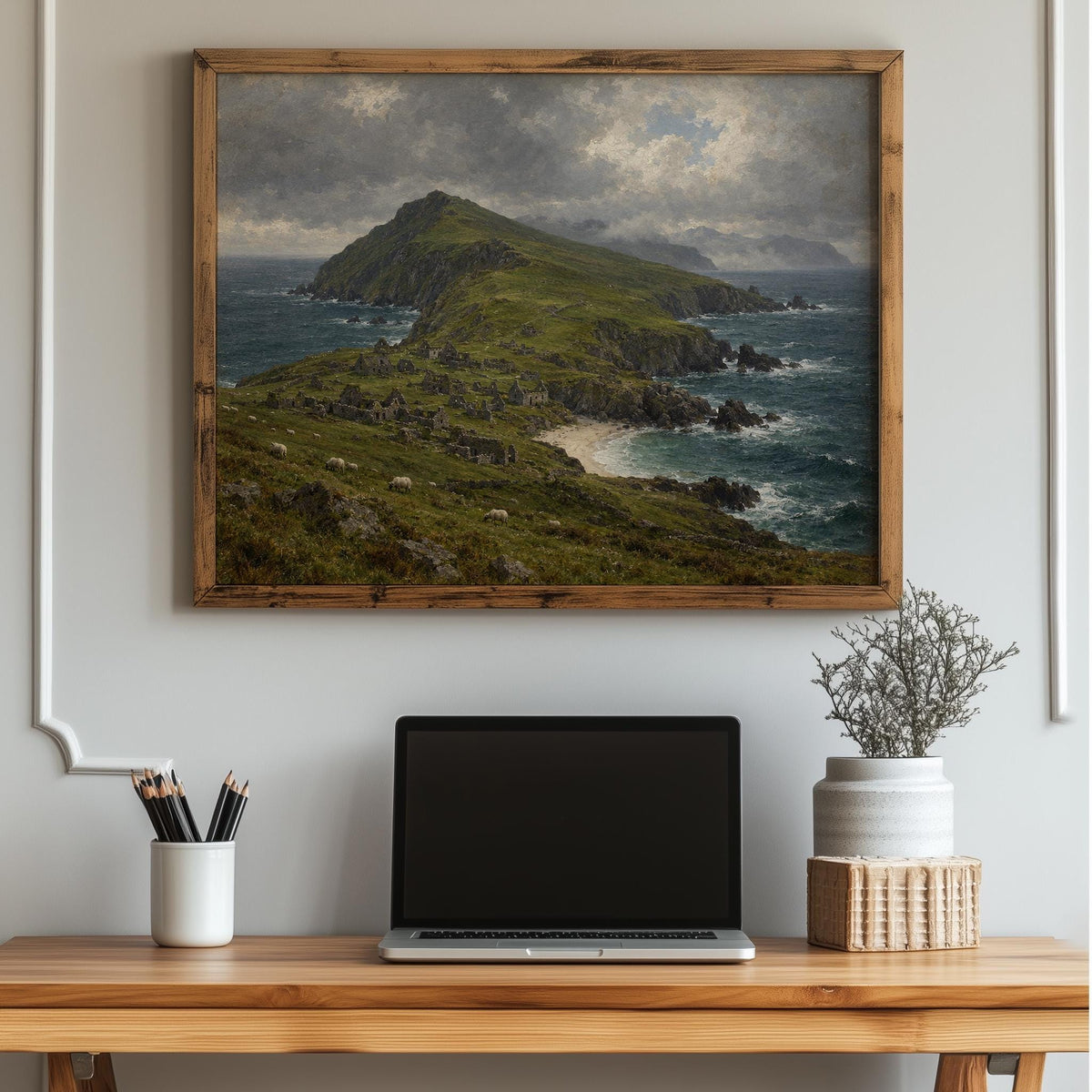 Great Blasket Island vintage Irish oil painting print – wall mockup 5