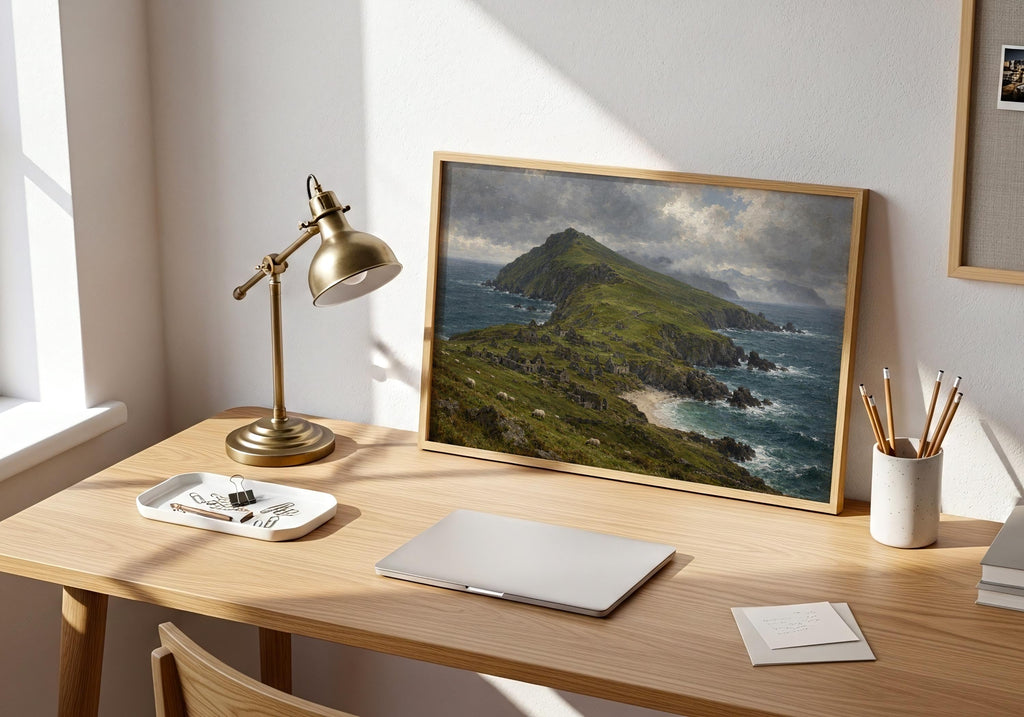 Great Blasket Island vintage Irish oil painting print – wall mockup 8