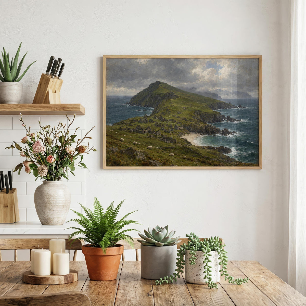 Great Blasket Island vintage Irish oil painting print – wall mockup 1