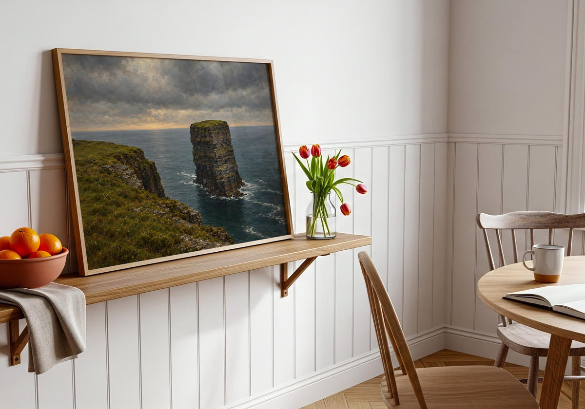 Dún Briste sea stack vintage Irish oil painting print – wall mockup 4