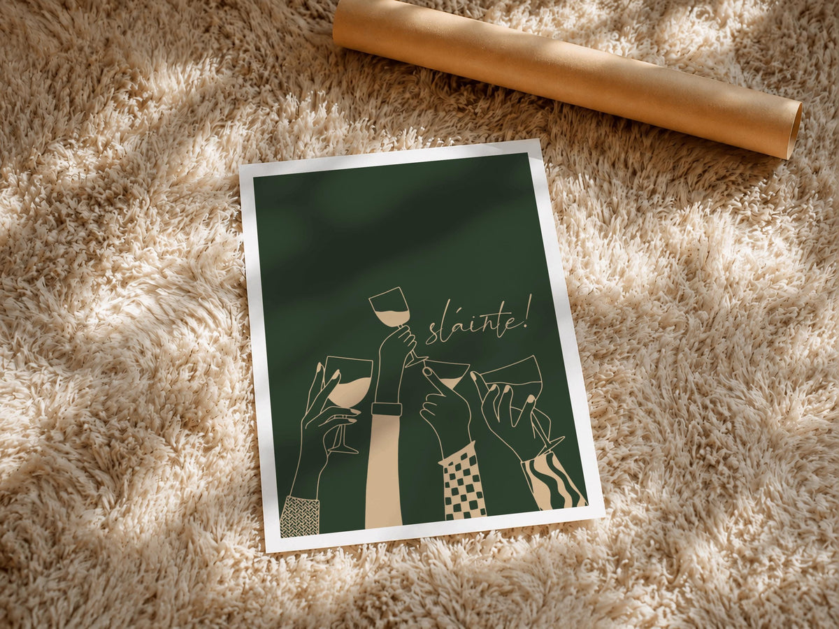 Forest green Sláinte wine toast Irish print – dining room scene