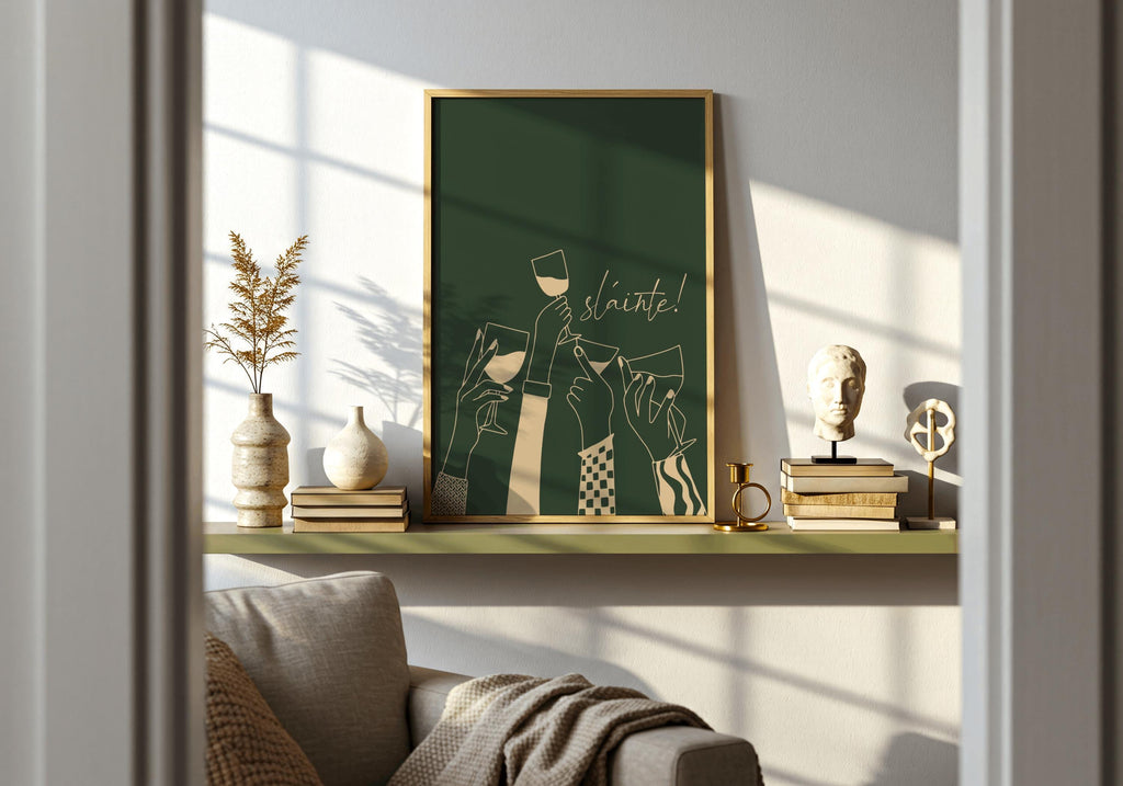 Forest green Sláinte wine toast Irish print – close-up