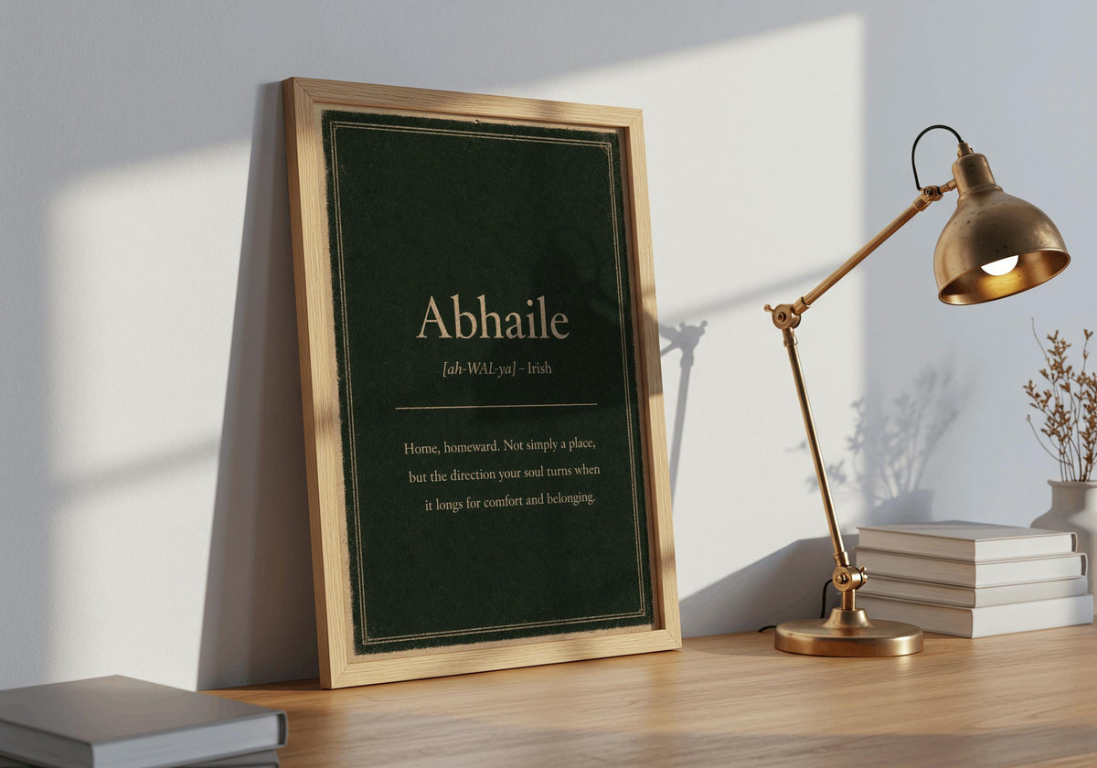 Abhaile Irish definition print – wooden frame in a home office