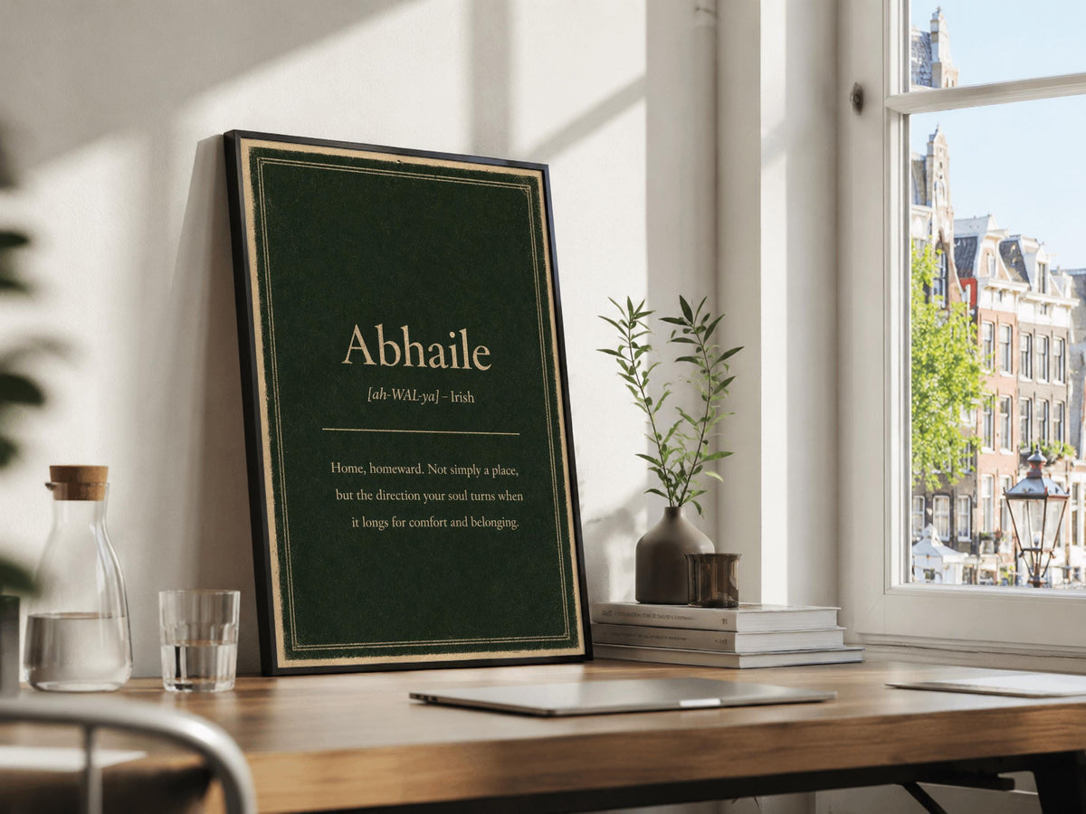 Abhaile Irish definition print – wooden frame in a home office