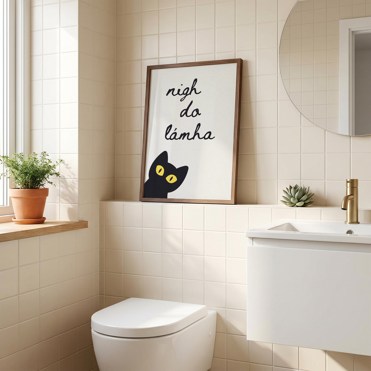 Nigh do lámha black cat Irish print – wall mockup 3