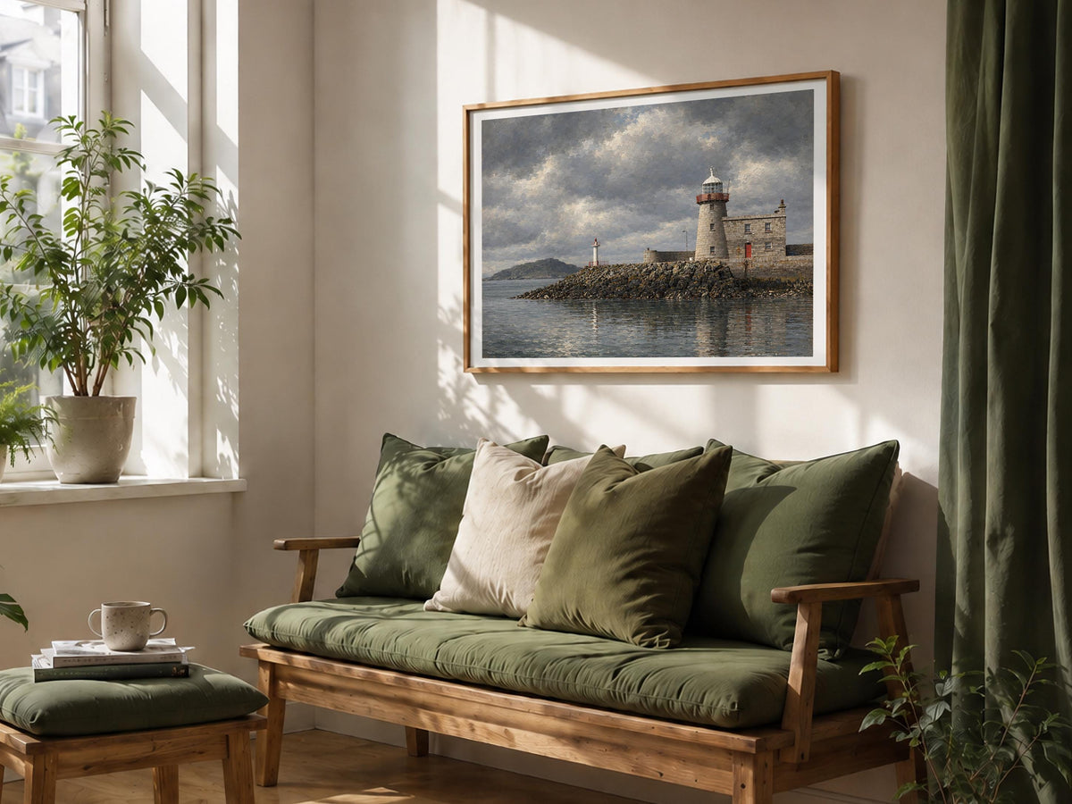 Howth Lighthouse vintage Irish oil painting print – wall mockup 4