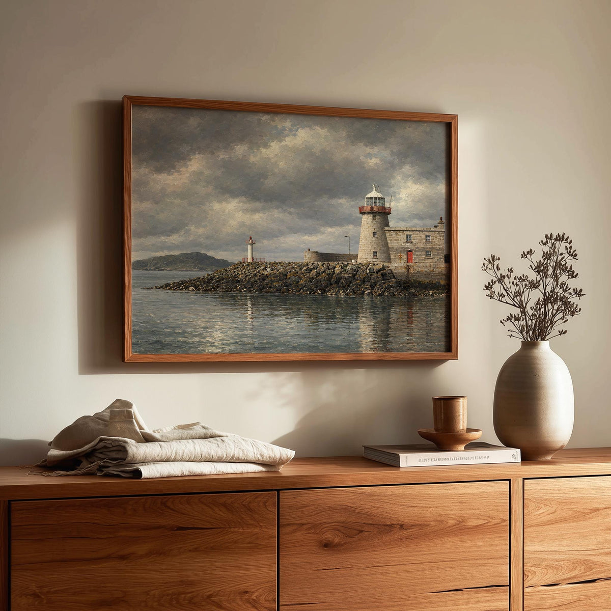 Howth Lighthouse vintage Irish oil painting print – wall mockup 2