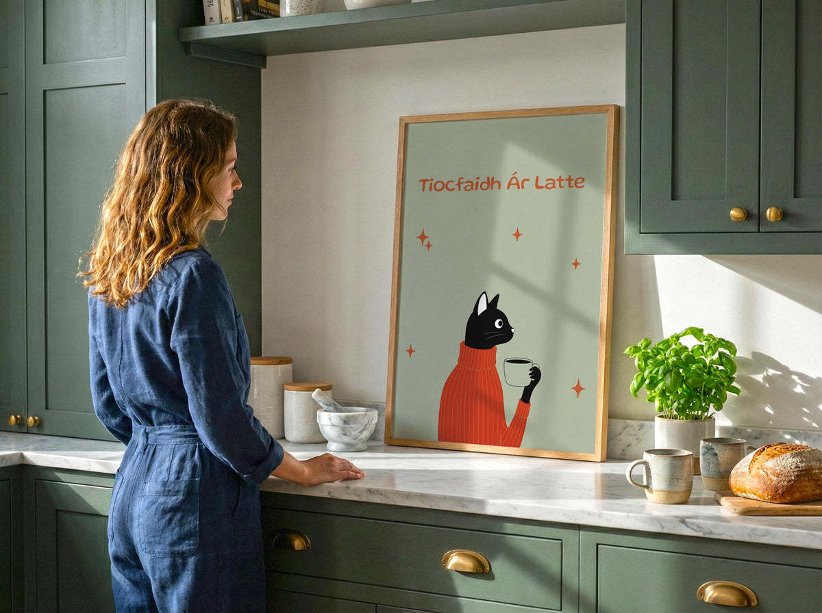 Tiocfaidh Ár Latte cat print – mockup 6