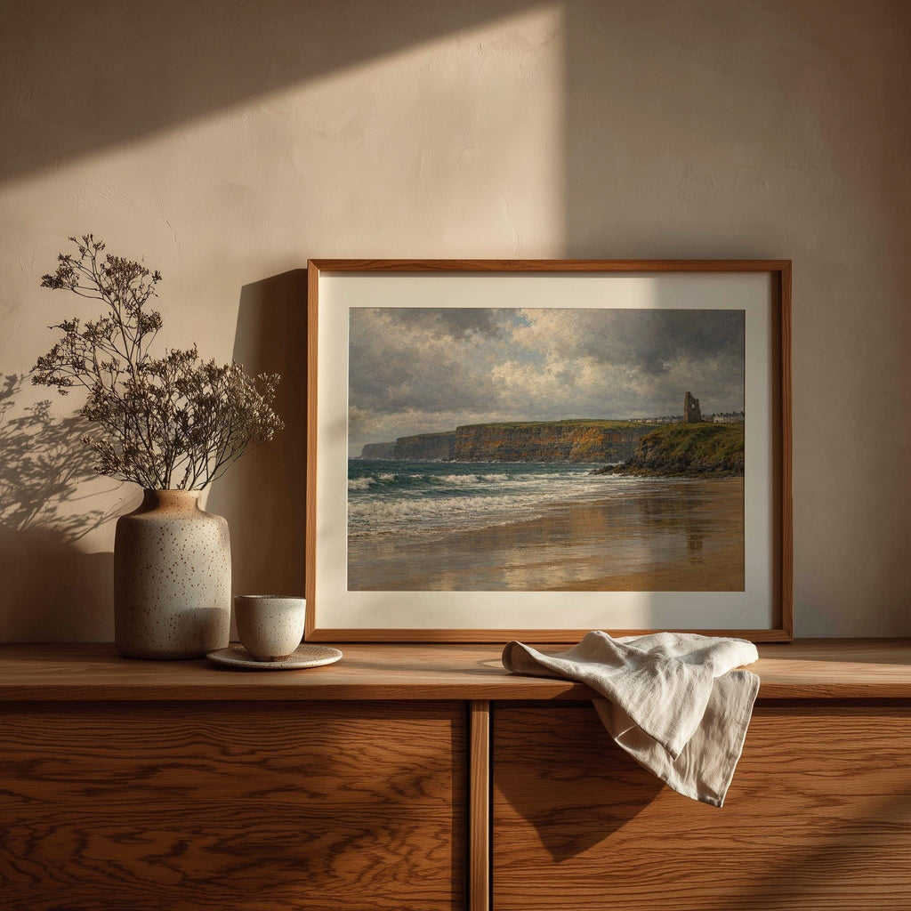 Ballybunion Beach vintage Irish oil painting print – wall mockup 2