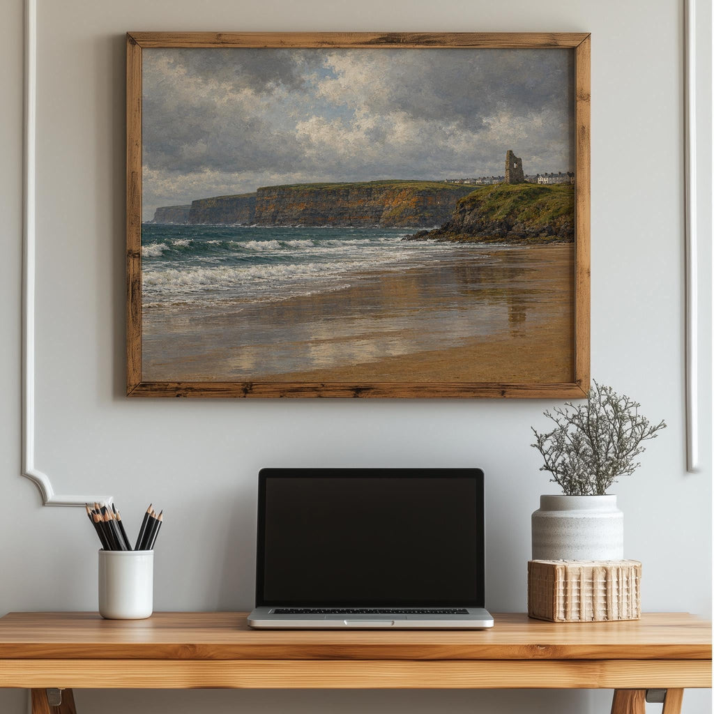 Ballybunion Beach vintage Irish oil painting print – wall mockup 4