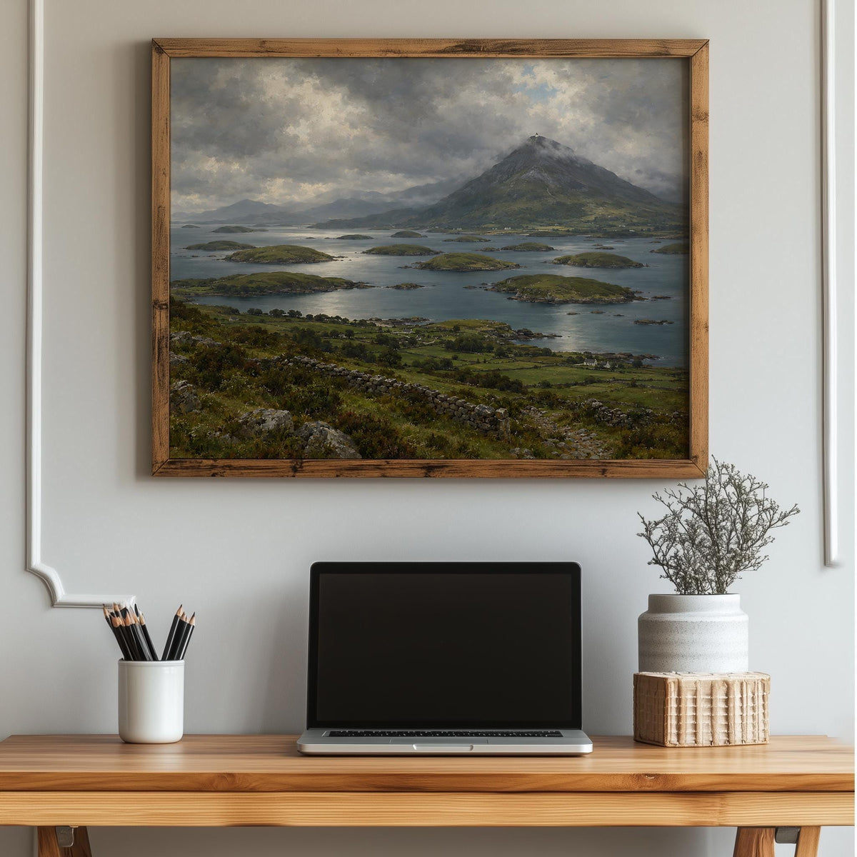 Croagh Patrick Clew Bay vintage Irish oil painting print – wall mockup 3