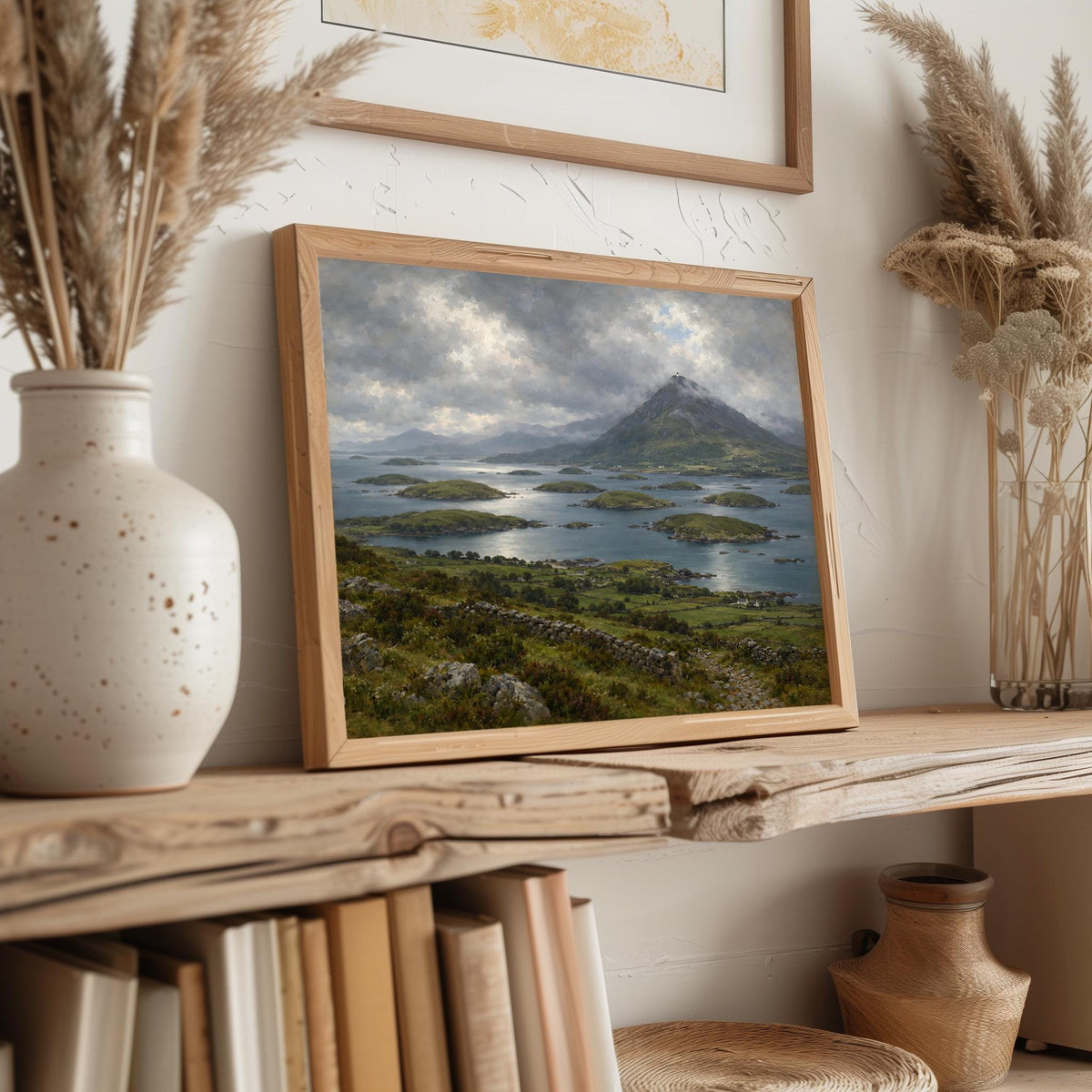 Croagh Patrick Clew Bay vintage Irish oil painting print – wall mockup 4