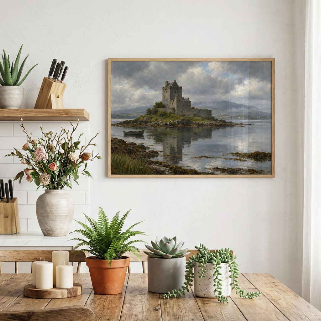 Dunguaire Castle vintage Irish oil painting print – wall mockup 1