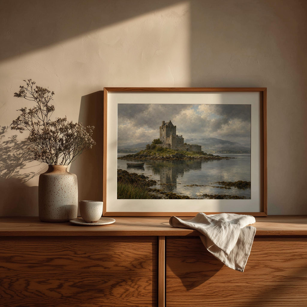 Dunguaire Castle vintage Irish oil painting print – wall mockup 3