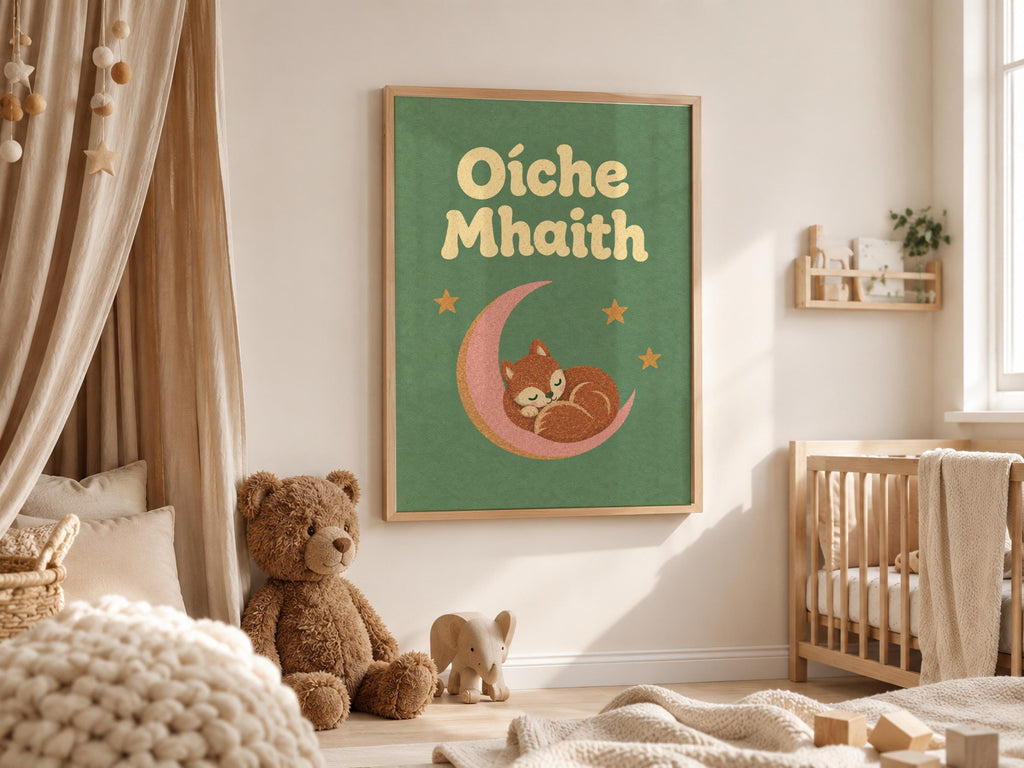 Oíche Mhaith Fox on Moon Irish print – wall mockup 1