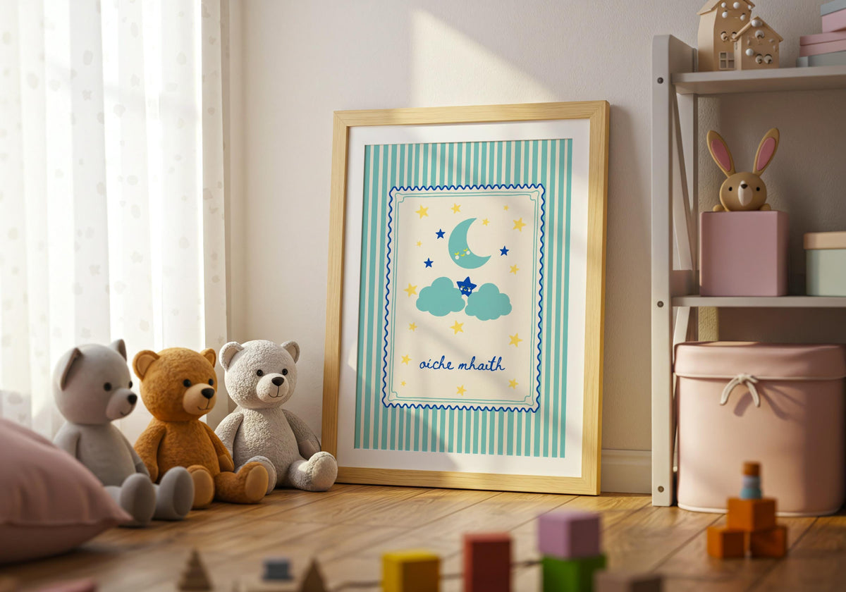 Oíche Mhaith Moon Cloud Irish print – wall mockup 6