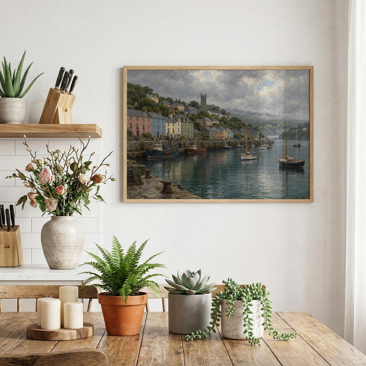 Kinsale Harbour vintage Irish oil painting print – wall mockup 1