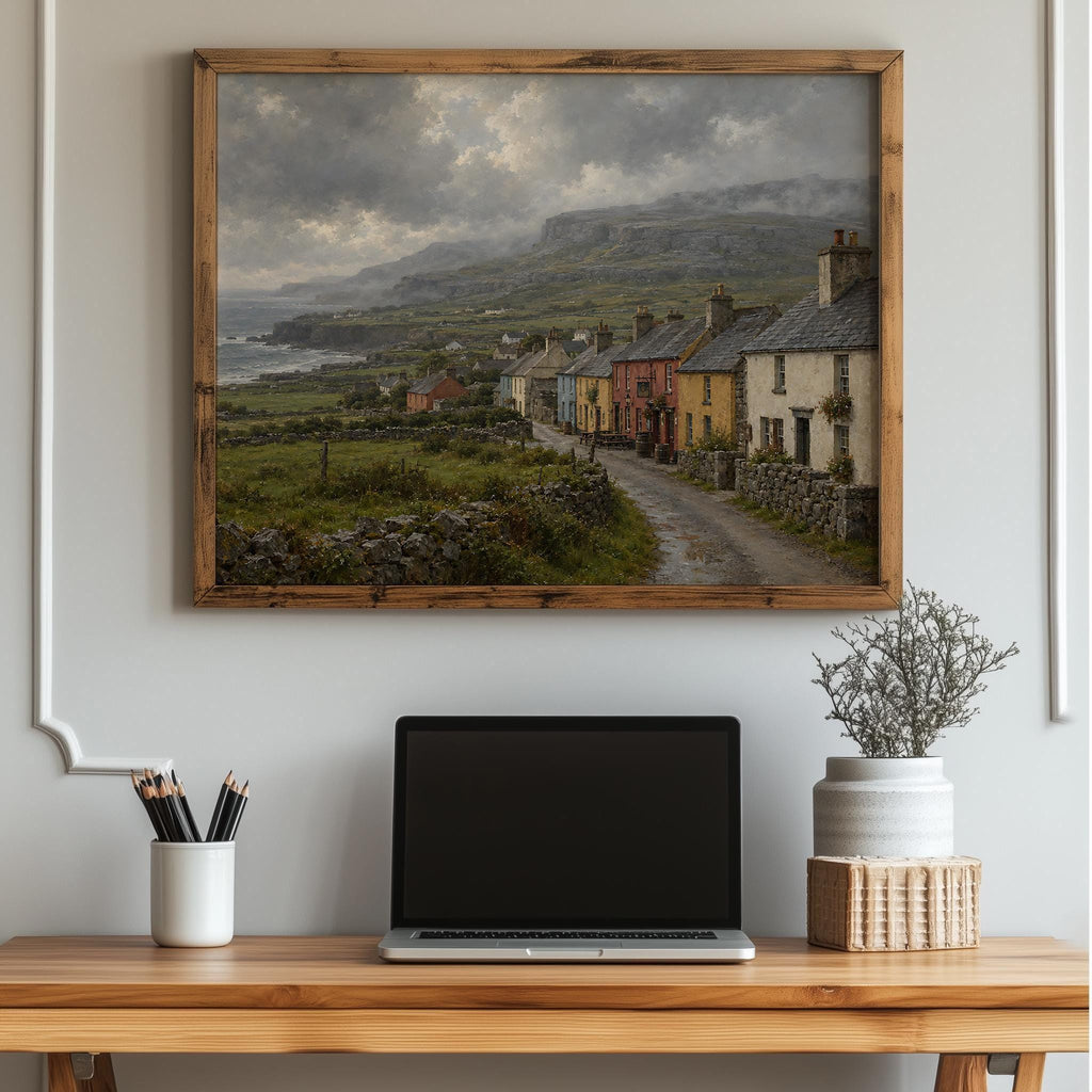 Doolin village vintage Irish oil painting print – wall mockup 4