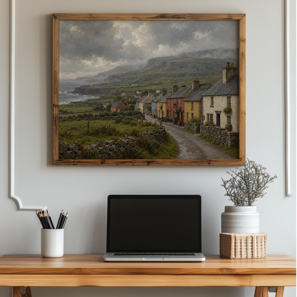 Doolin village vintage Irish oil painting print – wall mockup 4