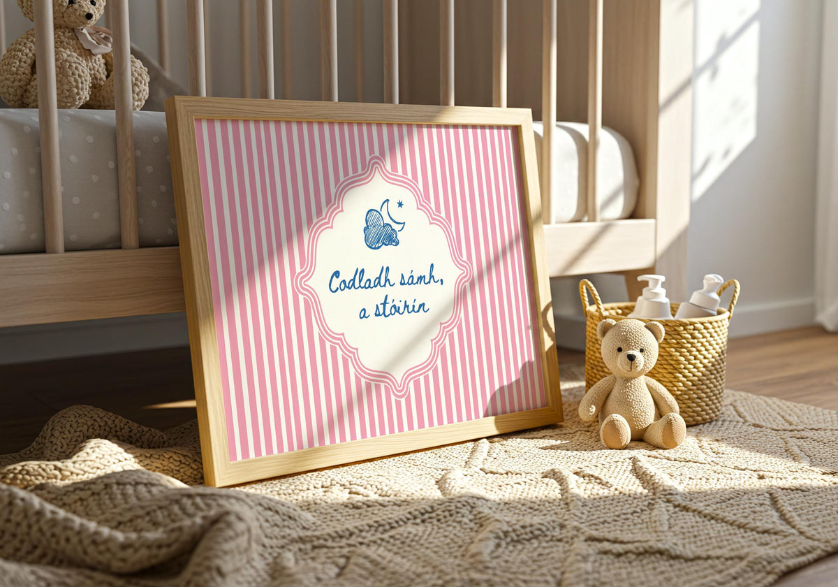 Codladh Sámh a Stóirín Pink Stripe Irish print – wall mockup 2