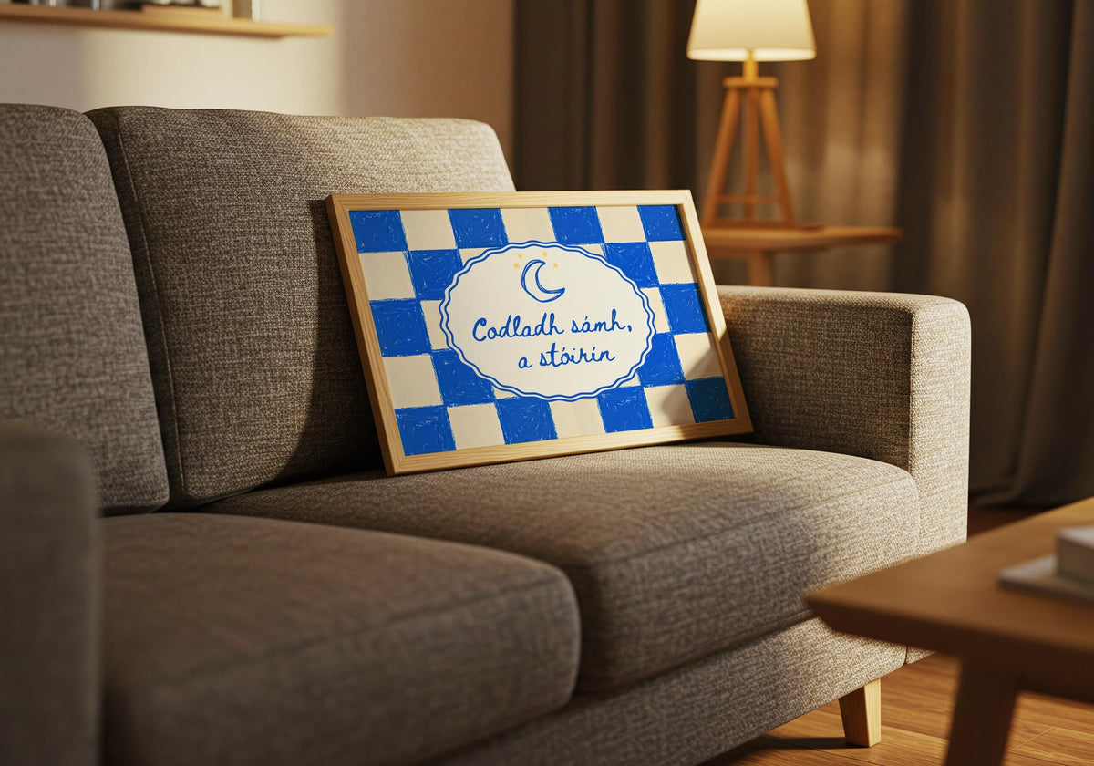 Codladh Sámh a Stóirín Blue Check Irish print – wall mockup 2
